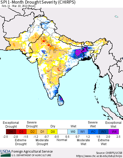 Southern Asia SPI 1-Month Drought Severity (CHIRPS) Thematic Map For 2/11/2022 - 3/10/2022