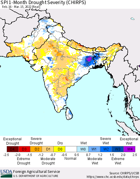Southern Asia SPI 1-Month Drought Severity (CHIRPS) Thematic Map For 2/16/2022 - 3/15/2022