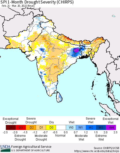 Southern Asia SPI 1-Month Drought Severity (CHIRPS) Thematic Map For 2/21/2022 - 3/20/2022