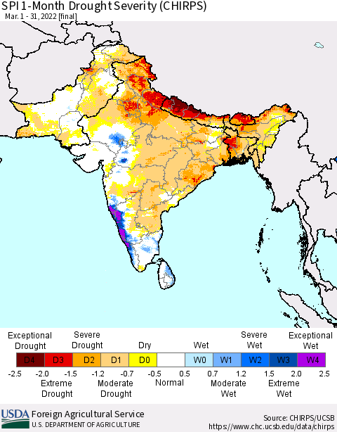 Southern Asia SPI 1-Month Drought Severity (CHIRPS) Thematic Map For 3/1/2022 - 3/31/2022