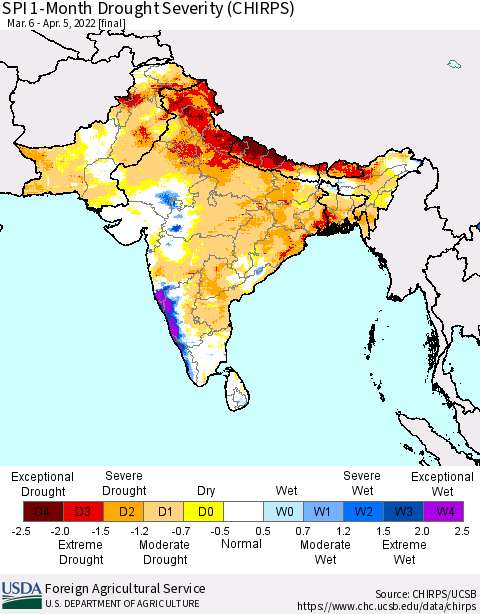 Southern Asia SPI 1-Month Drought Severity (CHIRPS) Thematic Map For 3/6/2022 - 4/5/2022