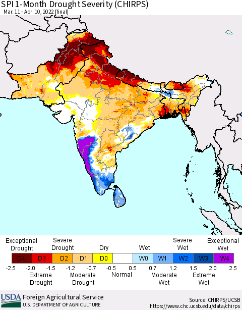 Southern Asia SPI 1-Month Drought Severity (CHIRPS) Thematic Map For 3/11/2022 - 4/10/2022