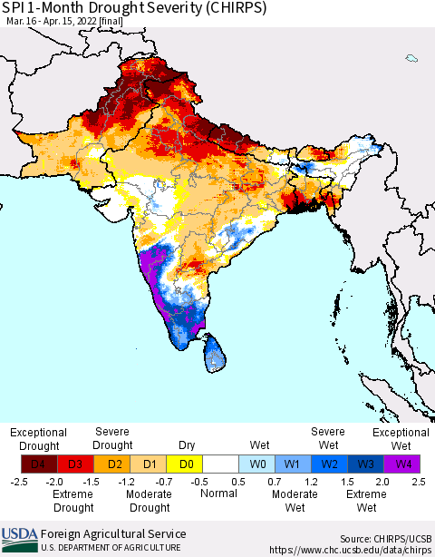 Southern Asia SPI 1-Month Drought Severity (CHIRPS) Thematic Map For 3/16/2022 - 4/15/2022