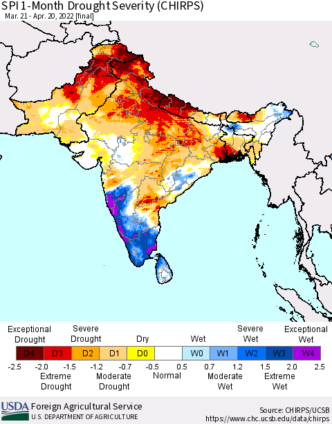 Southern Asia SPI 1-Month Drought Severity (CHIRPS) Thematic Map For 3/21/2022 - 4/20/2022