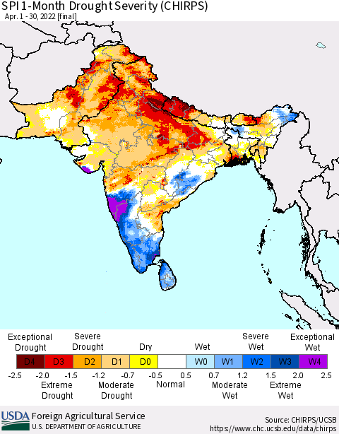 Southern Asia SPI 1-Month Drought Severity (CHIRPS) Thematic Map For 4/1/2022 - 4/30/2022