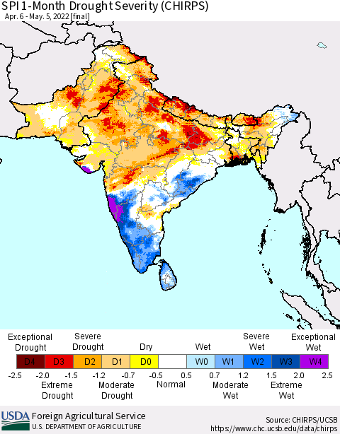 Southern Asia SPI 1-Month Drought Severity (CHIRPS) Thematic Map For 4/6/2022 - 5/5/2022