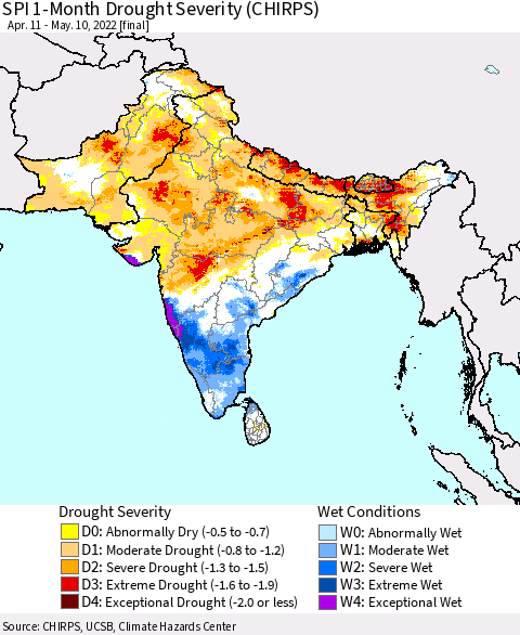 Southern Asia SPI 1-Month Drought Severity (CHIRPS) Thematic Map For 4/11/2022 - 5/10/2022