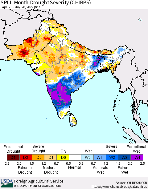 Southern Asia SPI 1-Month Drought Severity (CHIRPS) Thematic Map For 4/21/2022 - 5/20/2022