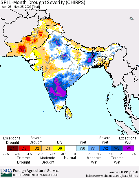 Southern Asia SPI 1-Month Drought Severity (CHIRPS) Thematic Map For 4/26/2022 - 5/25/2022