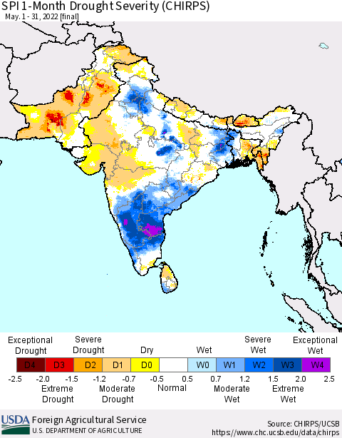 Southern Asia SPI 1-Month Drought Severity (CHIRPS) Thematic Map For 5/1/2022 - 5/31/2022