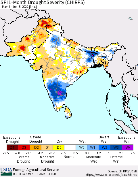 Southern Asia SPI 1-Month Drought Severity (CHIRPS) Thematic Map For 5/6/2022 - 6/5/2022