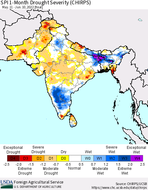 Southern Asia SPI 1-Month Drought Severity (CHIRPS) Thematic Map For 5/11/2022 - 6/10/2022