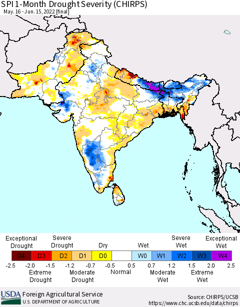 Southern Asia SPI 1-Month Drought Severity (CHIRPS) Thematic Map For 5/16/2022 - 6/15/2022