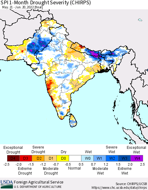 Southern Asia SPI 1-Month Drought Severity (CHIRPS) Thematic Map For 5/21/2022 - 6/20/2022