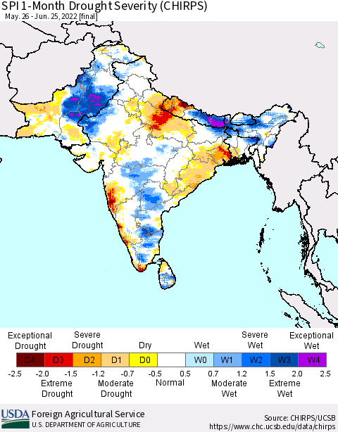 Southern Asia SPI 1-Month Drought Severity (CHIRPS) Thematic Map For 5/26/2022 - 6/25/2022