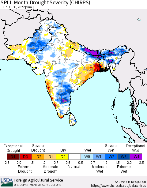 Southern Asia SPI 1-Month Drought Severity (CHIRPS) Thematic Map For 6/1/2022 - 6/30/2022