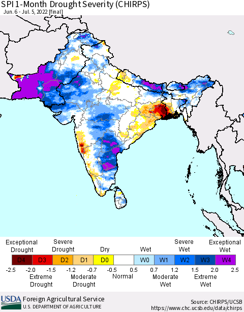 Southern Asia SPI 1-Month Drought Severity (CHIRPS) Thematic Map For 6/6/2022 - 7/5/2022