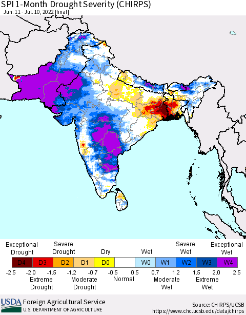 Southern Asia SPI 1-Month Drought Severity (CHIRPS) Thematic Map For 6/11/2022 - 7/10/2022