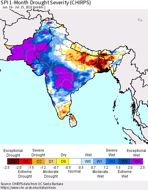 Southern Asia SPI 1-Month Drought Severity (CHIRPS) Thematic Map For 6/16/2022 - 7/15/2022