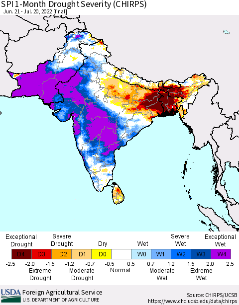 Southern Asia SPI 1-Month Drought Severity (CHIRPS) Thematic Map For 6/21/2022 - 7/20/2022