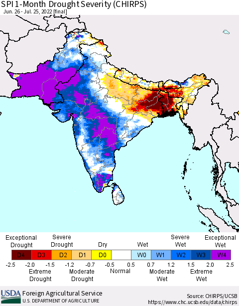 Southern Asia SPI 1-Month Drought Severity (CHIRPS) Thematic Map For 6/26/2022 - 7/25/2022