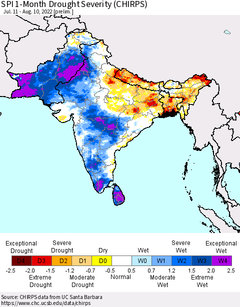 Southern Asia SPI 1-Month Drought Severity (CHIRPS) Thematic Map For 7/11/2022 - 8/10/2022