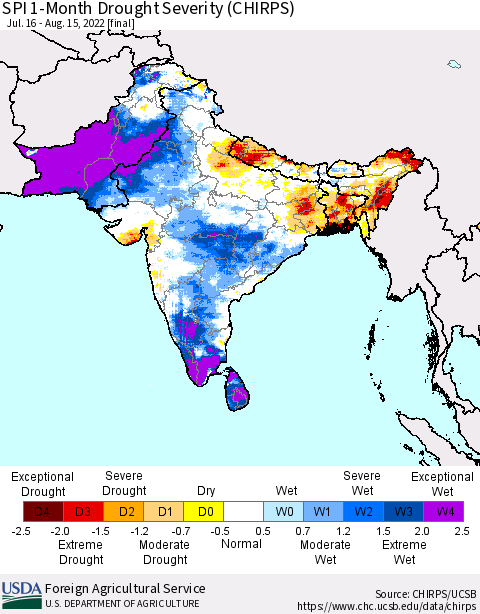 Southern Asia SPI 1-Month Drought Severity (CHIRPS) Thematic Map For 7/16/2022 - 8/15/2022