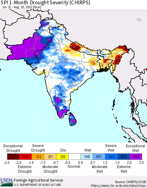 Southern Asia SPI 1-Month Drought Severity (CHIRPS) Thematic Map For 7/21/2022 - 8/20/2022