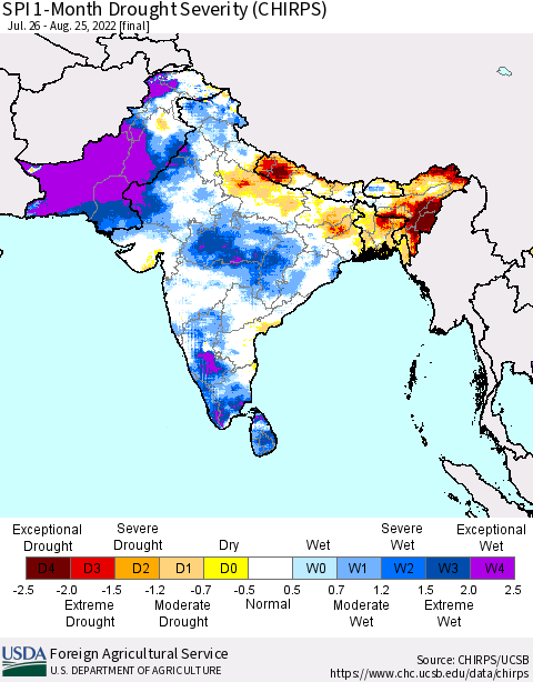 Southern Asia SPI 1-Month Drought Severity (CHIRPS) Thematic Map For 7/26/2022 - 8/25/2022