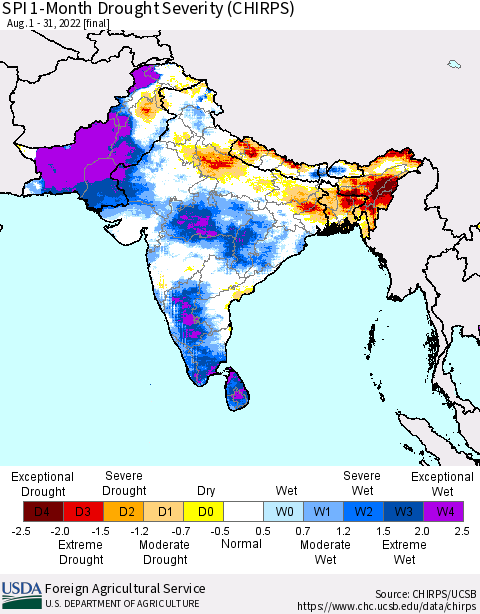 Southern Asia SPI 1-Month Drought Severity (CHIRPS) Thematic Map For 8/1/2022 - 8/31/2022