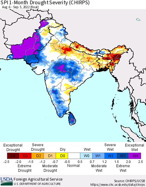 Southern Asia SPI 1-Month Drought Severity (CHIRPS) Thematic Map For 8/6/2022 - 9/5/2022