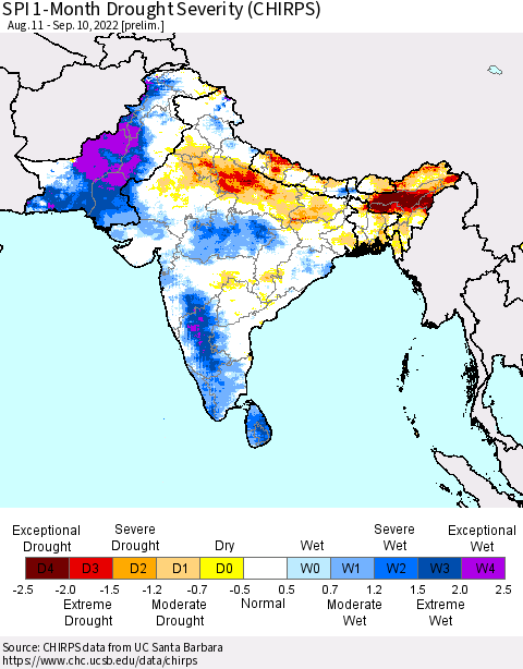 Southern Asia SPI 1-Month Drought Severity (CHIRPS) Thematic Map For 8/11/2022 - 9/10/2022
