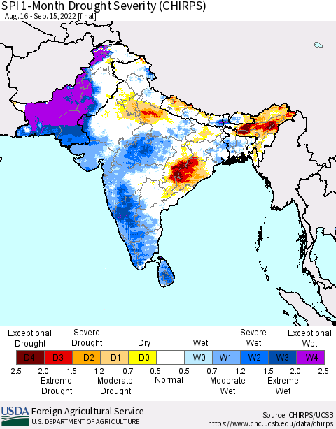 Southern Asia SPI 1-Month Drought Severity (CHIRPS) Thematic Map For 8/16/2022 - 9/15/2022