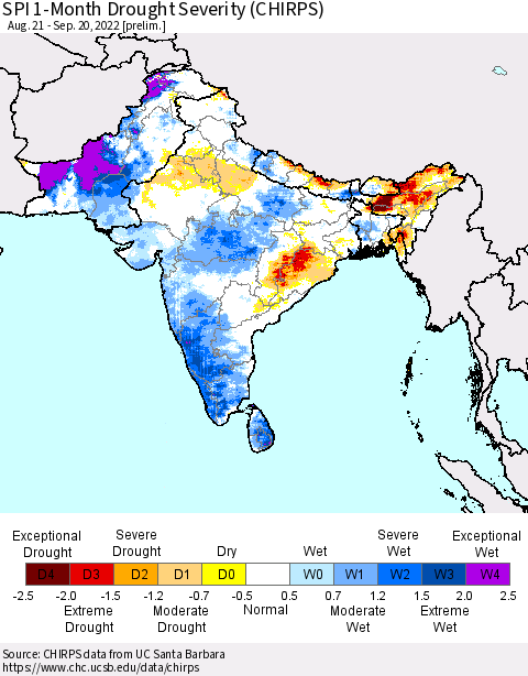 Southern Asia SPI 1-Month Drought Severity (CHIRPS) Thematic Map For 8/21/2022 - 9/20/2022