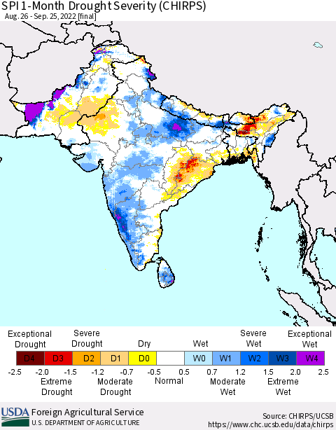 Southern Asia SPI 1-Month Drought Severity (CHIRPS) Thematic Map For 8/26/2022 - 9/25/2022