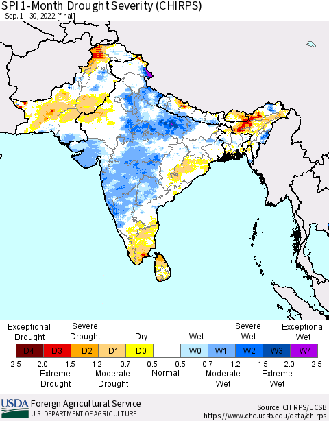 Southern Asia SPI 1-Month Drought Severity (CHIRPS) Thematic Map For 9/1/2022 - 9/30/2022