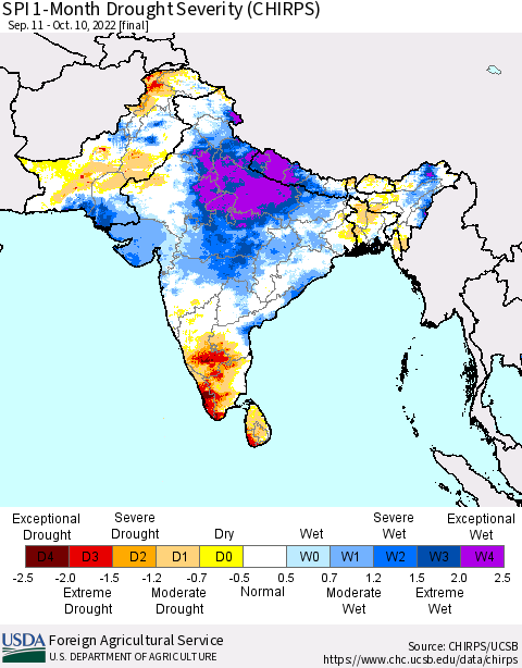 Southern Asia SPI 1-Month Drought Severity (CHIRPS) Thematic Map For 9/11/2022 - 10/10/2022