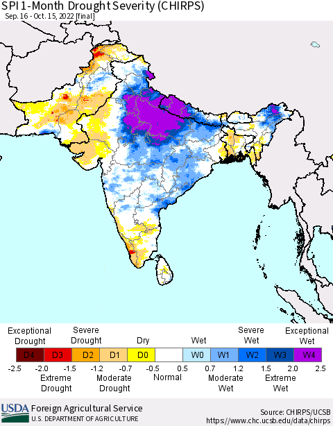 Southern Asia SPI 1-Month Drought Severity (CHIRPS) Thematic Map For 9/16/2022 - 10/15/2022
