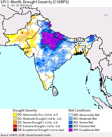 Southern Asia SPI 1-Month Drought Severity (CHIRPS) Thematic Map For 9/21/2022 - 10/20/2022