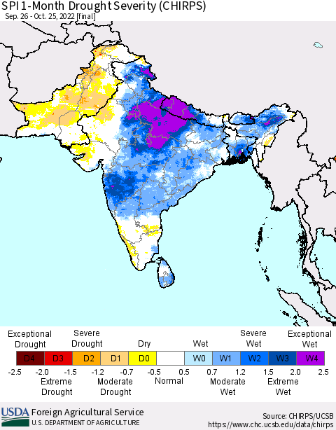 Southern Asia SPI 1-Month Drought Severity (CHIRPS) Thematic Map For 9/26/2022 - 10/25/2022