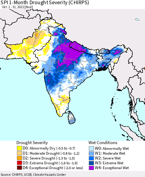 Southern Asia SPI 1-Month Drought Severity (CHIRPS) Thematic Map For 10/1/2022 - 10/31/2022