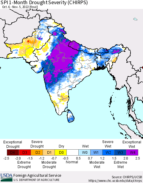 Southern Asia SPI 1-Month Drought Severity (CHIRPS) Thematic Map For 10/6/2022 - 11/5/2022