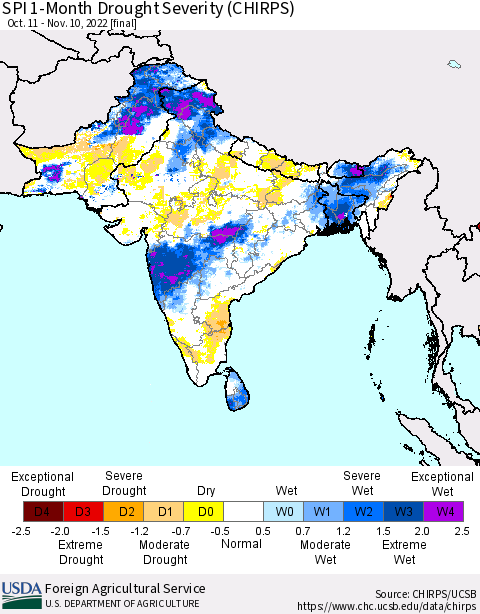 Southern Asia SPI 1-Month Drought Severity (CHIRPS) Thematic Map For 10/11/2022 - 11/10/2022