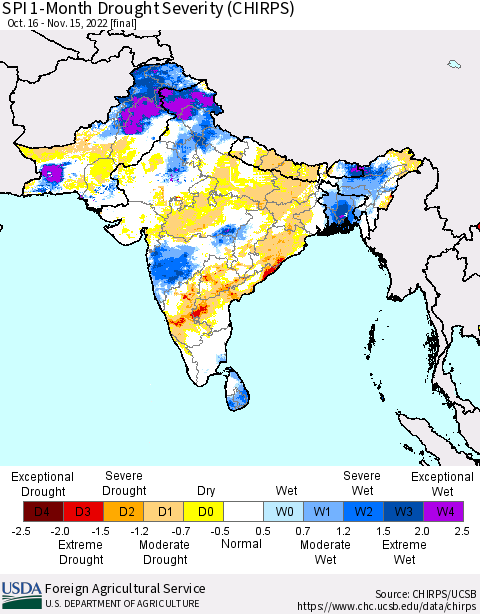 Southern Asia SPI 1-Month Drought Severity (CHIRPS) Thematic Map For 10/16/2022 - 11/15/2022