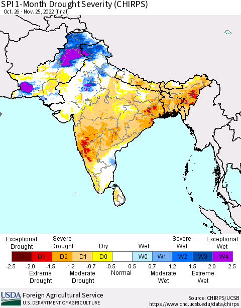 Southern Asia SPI 1-Month Drought Severity (CHIRPS) Thematic Map For 10/26/2022 - 11/25/2022