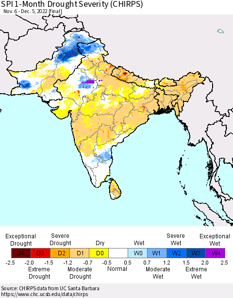 Southern Asia SPI 1-Month Drought Severity (CHIRPS) Thematic Map For 11/6/2022 - 12/5/2022