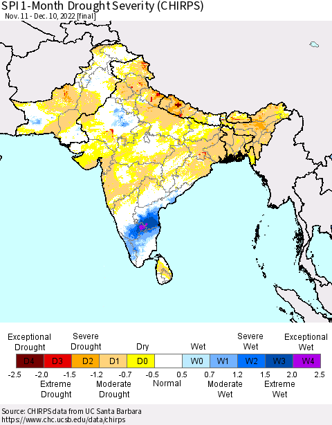 Southern Asia SPI 1-Month Drought Severity (CHIRPS) Thematic Map For 11/11/2022 - 12/10/2022