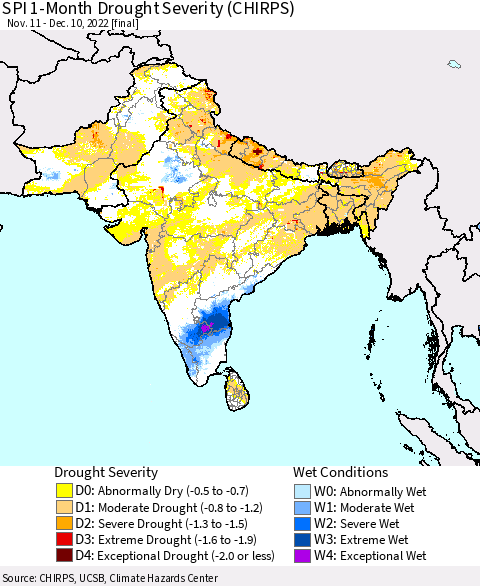 Southern Asia SPI 1-Month Drought Severity (CHIRPS) Thematic Map For 11/11/2022 - 12/10/2022