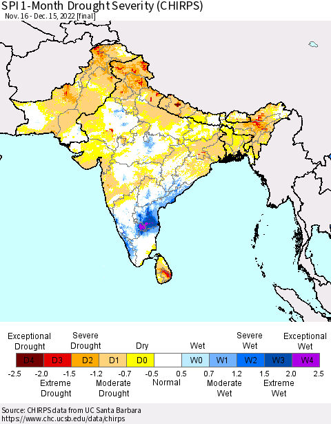Southern Asia SPI 1-Month Drought Severity (CHIRPS) Thematic Map For 11/16/2022 - 12/15/2022