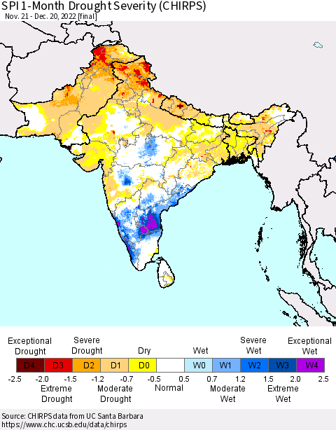 Southern Asia SPI 1-Month Drought Severity (CHIRPS) Thematic Map For 11/21/2022 - 12/20/2022